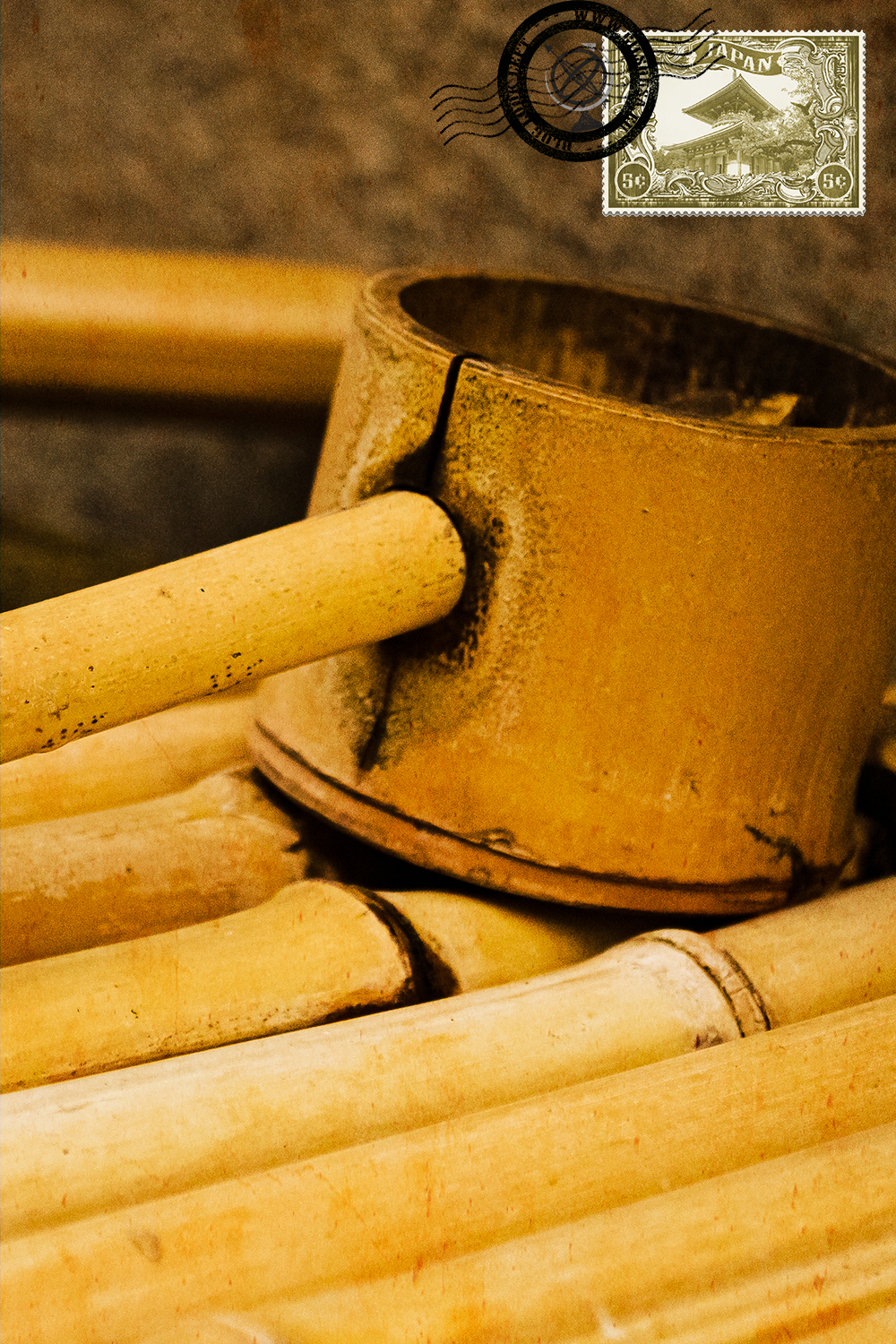 Bamboo spoon in a Japanese Buddhist water purification pavillon at a temple